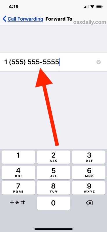 Enable call forwarding on iPhone by setting forward number 