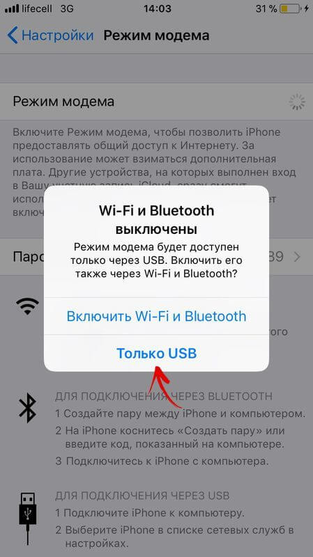 режим модема только через usb