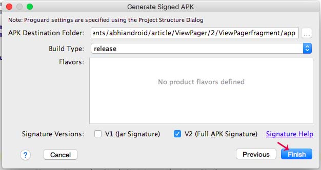 Finish generate signed apk android studio