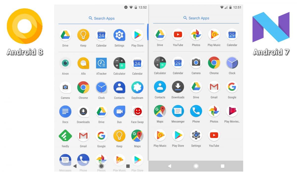 Оличие меню приложений в Android 7 и 8