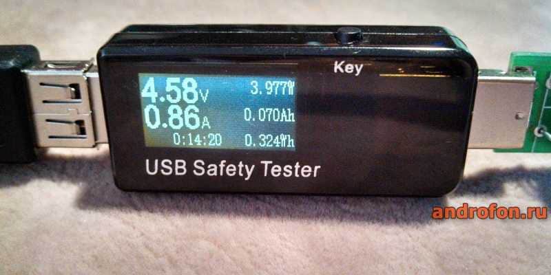USB тестер с индикацией напряжения, силы тока и мощности.
