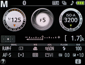 Интерфейс Nikon D3400. Включена функция Авто-ISO: над значением светочувствительности появилась надпись ISO-А (ISO-Auto).