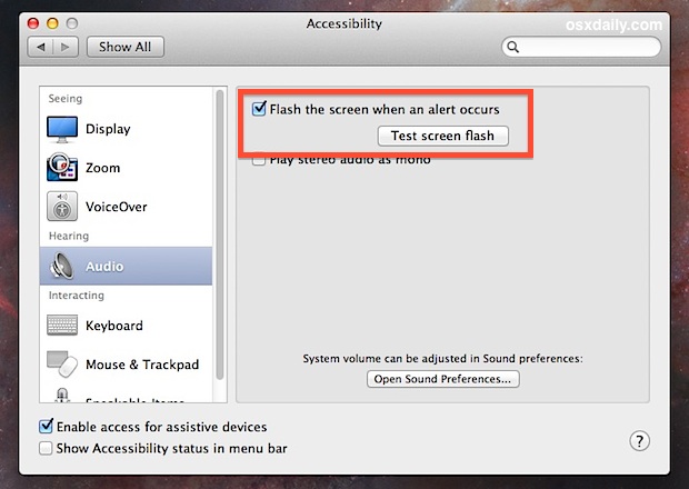 Flash the screen for alerts in Mac OS X