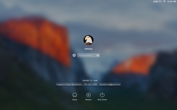 A screenshot of the login screen on a Mac with OS X El Capitan