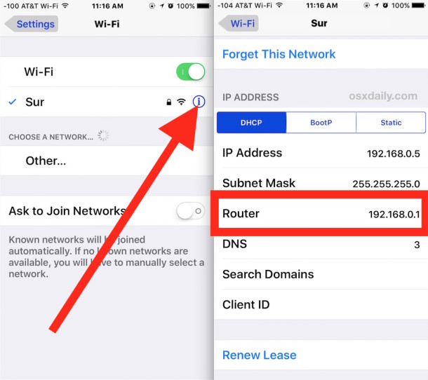 Find router gateway IP address info in iOS