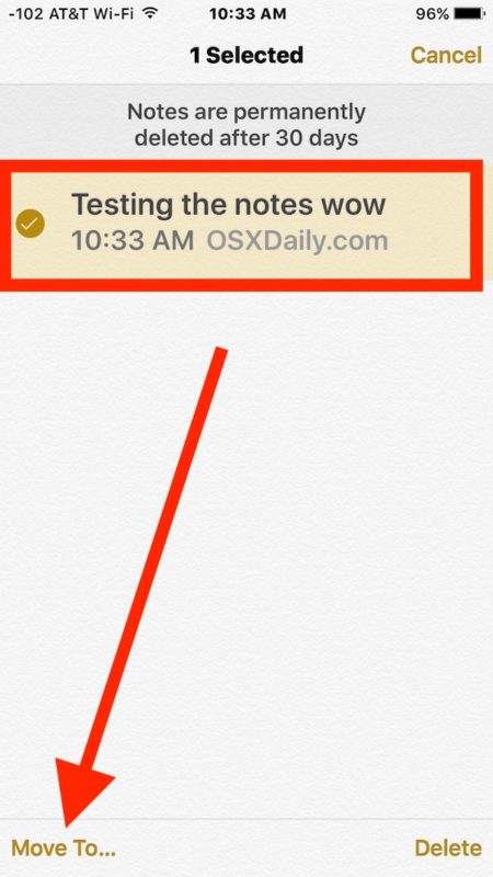 Select the deleted note to recover in iOS