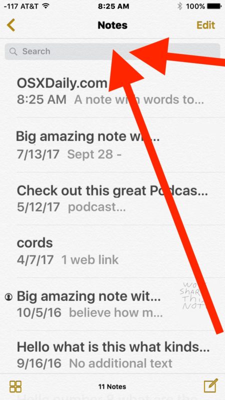 Tap into the Search box to search in Notes