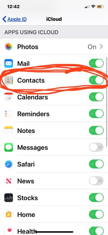 Fix contacts not showing phone numbers by turning on iCloud contacts again if it was turned off