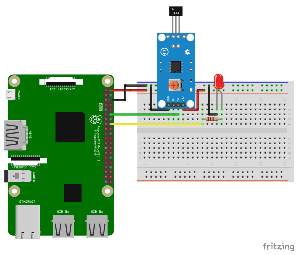 Interfacing Circuit diagram of Hall Sensor with Raspberry Pi