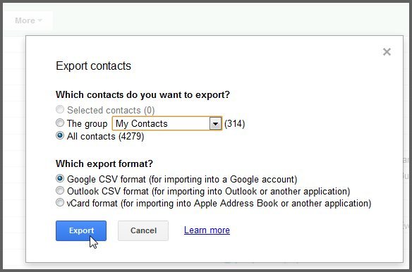 import contacts from gmail to android-choose VCF/vCard/CSV as the export format