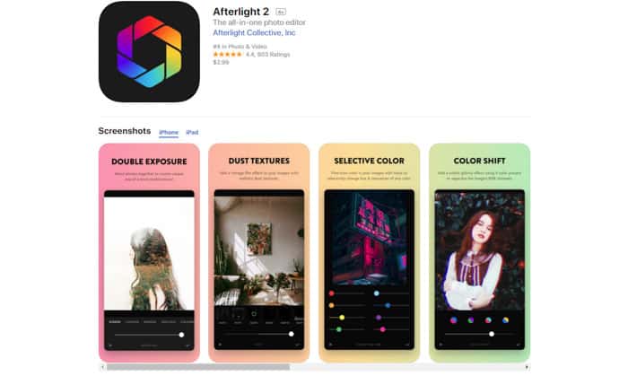 Screenshot of Afterlight 2 homepage - best photo editor apps for android & iPhone