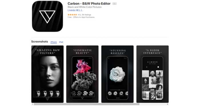 Screenshot ofCarbon b&w Photo editor homepage - best photo editing apps for android & iPhone