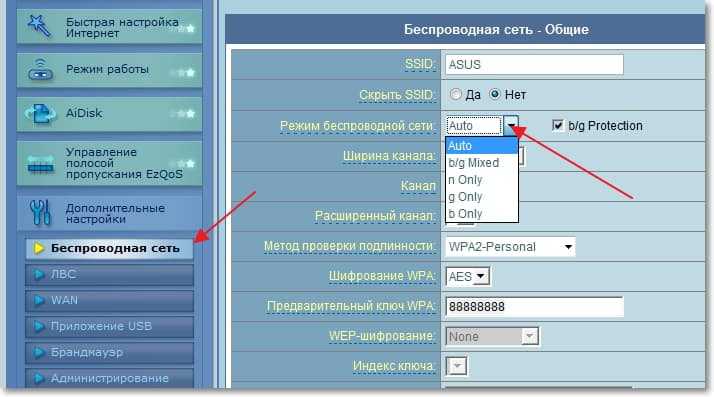 Смена режима беспроводной сети на маршрутизаторе ASUS