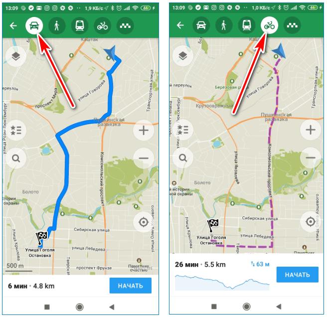 Режимы движения Maps.Me