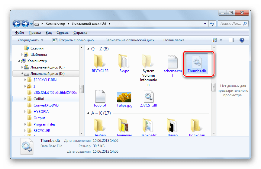 Файл Thumbs.db в Проводнике Windows