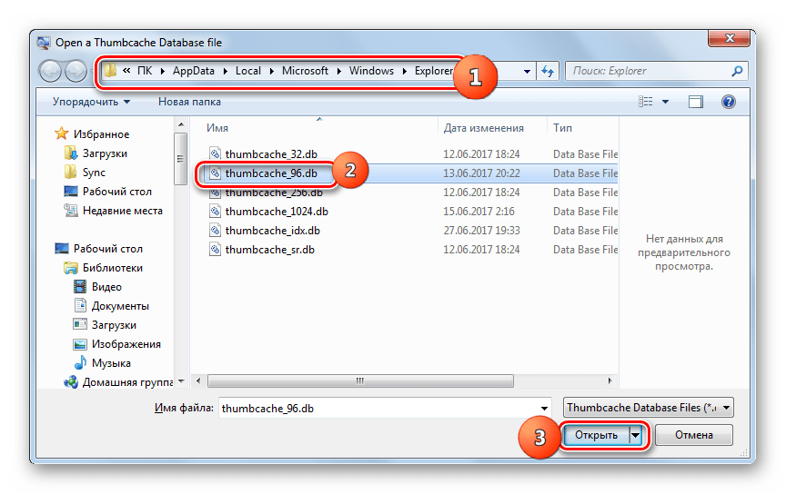 Окно выбора файла в программе Thumbcache Viewer