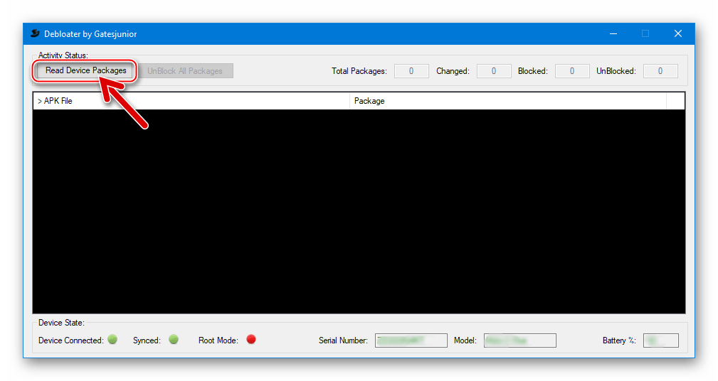 Debloater кнопка Read Device Packages для получения списка установленных в девайсе программ
