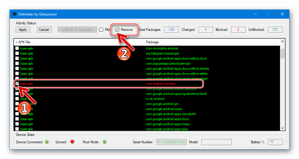 Debloater удаление Google Play Маркет - отметки возле com.android.vending и Remove