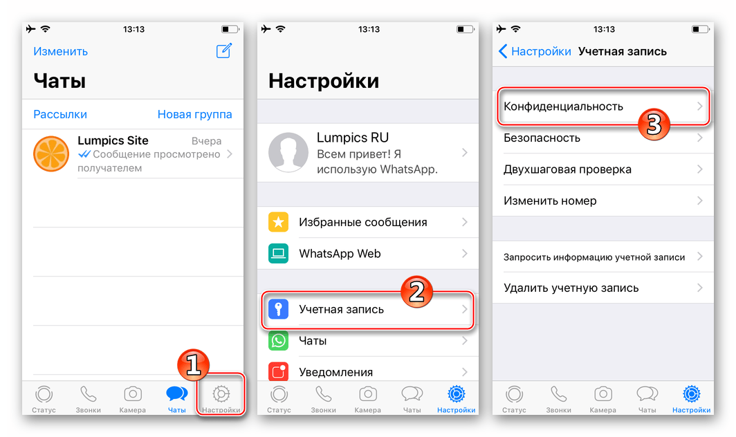 WhatsApp для iPhone отключение отчетов о прочтении сообщений Настройки - Учетная запись - Конфиденциальность