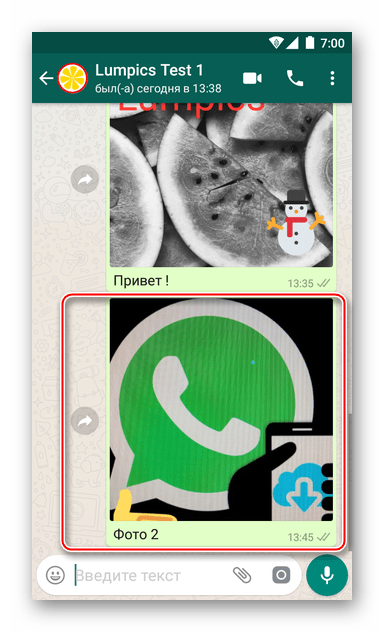 WhatsApp для Android созданная не выходя из мессенджера фотография отправлена получателю