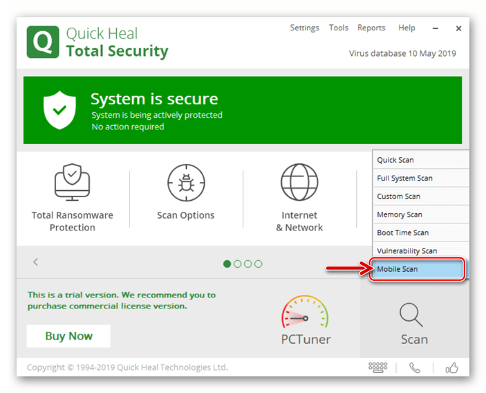 Quick Heal Total Security выбор Mobile Scan в меню возможностей антивирусного средства для анализа Android
