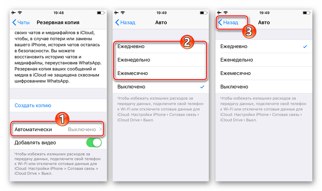 WhatsApp для iPhone выбор периодичности автоматического копирования переписки в iCloud