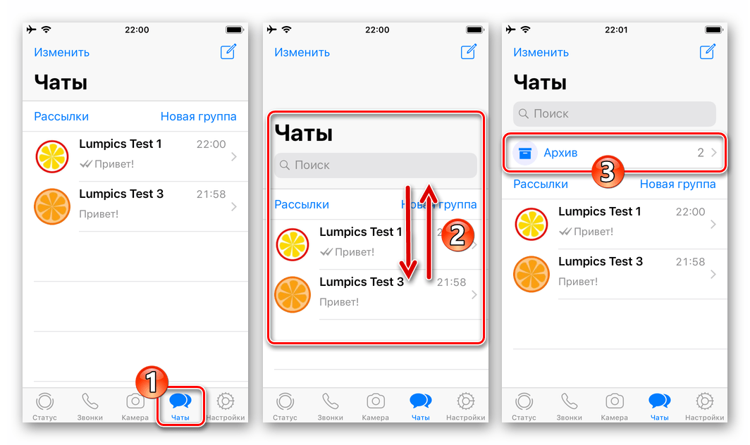 WhatsApp для iOS как открыть список чатов Архив в мессенджере