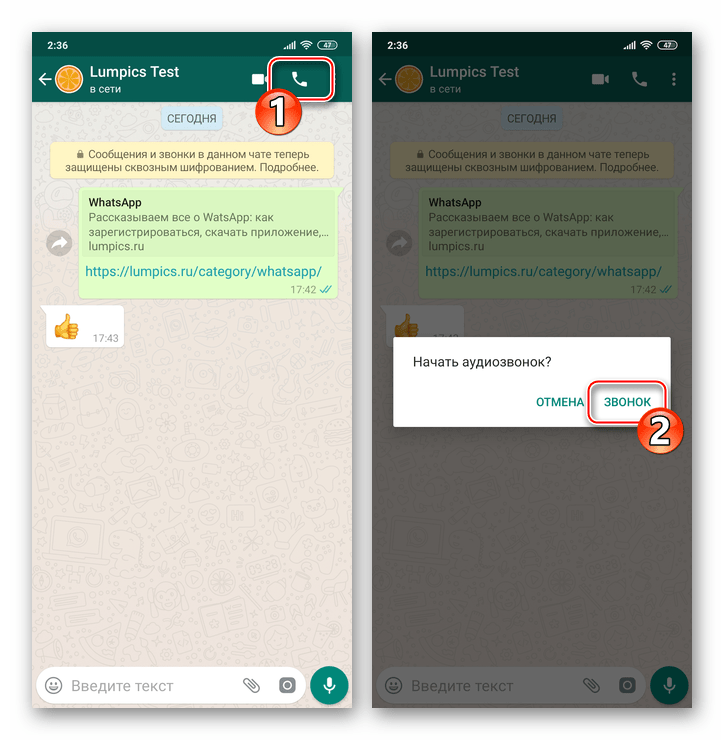 WhatsApp для Android кнопка Голосовой вызов на экране чата подтверждение запроса