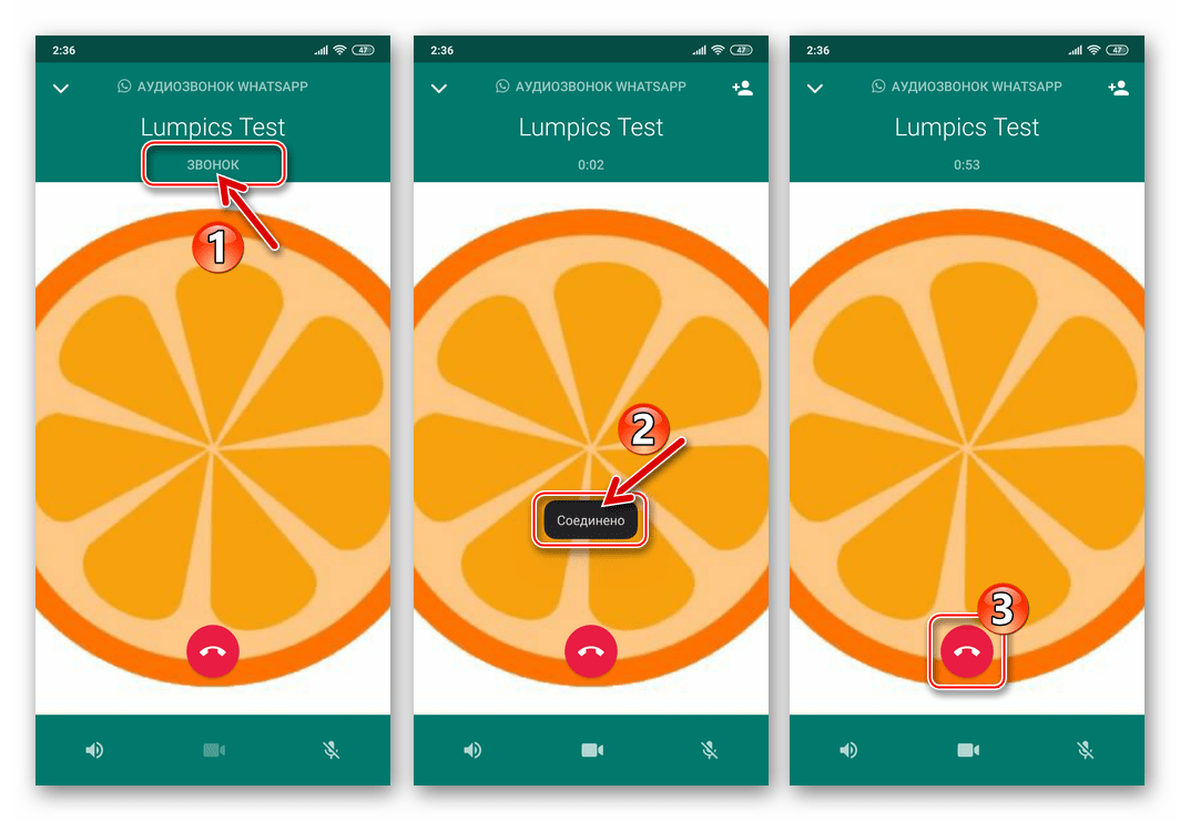 WhatsApp для Android процесс аудиозвонка, инициированного из чата в мессенджере
