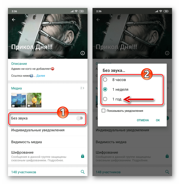 WhatsApp для Android включение режима Без звука для группы в мессенджере, выбор периода