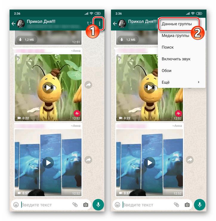 WhatsApp для Android вызов меню группового чата, пункт Данные группы