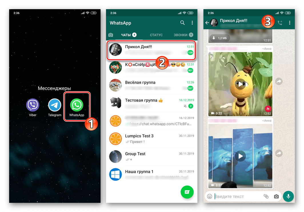 WhatsApp для Android запуск мессенджера, переход в группу для отключения уведомлений из неё