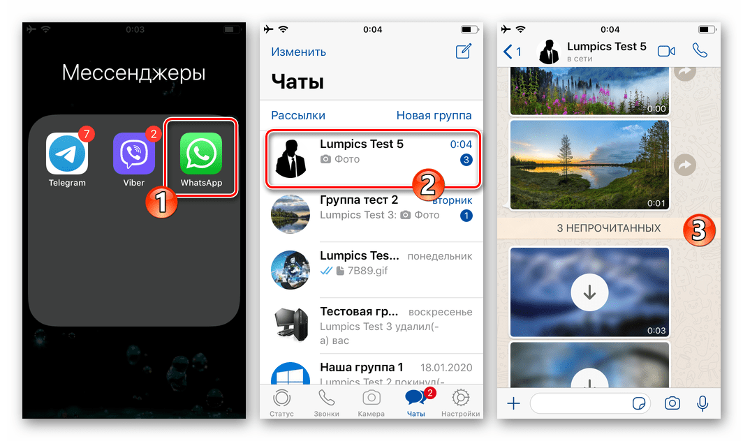WhatsApp для iOS переход в чат с фотографиями для загрузки в память iPhone