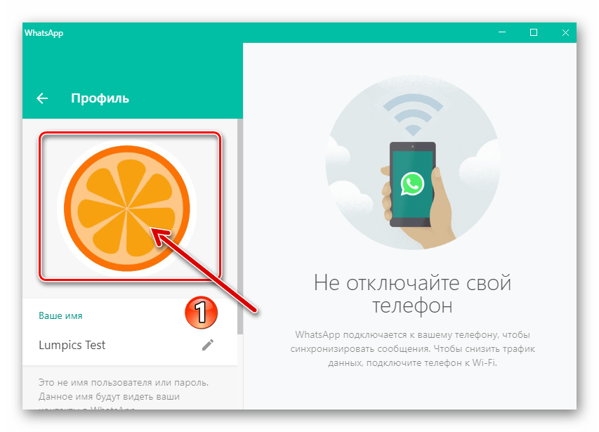 WhatsApp для Windows переход к возможности поменять аватарку в окне с настройками профиля в мессенджере