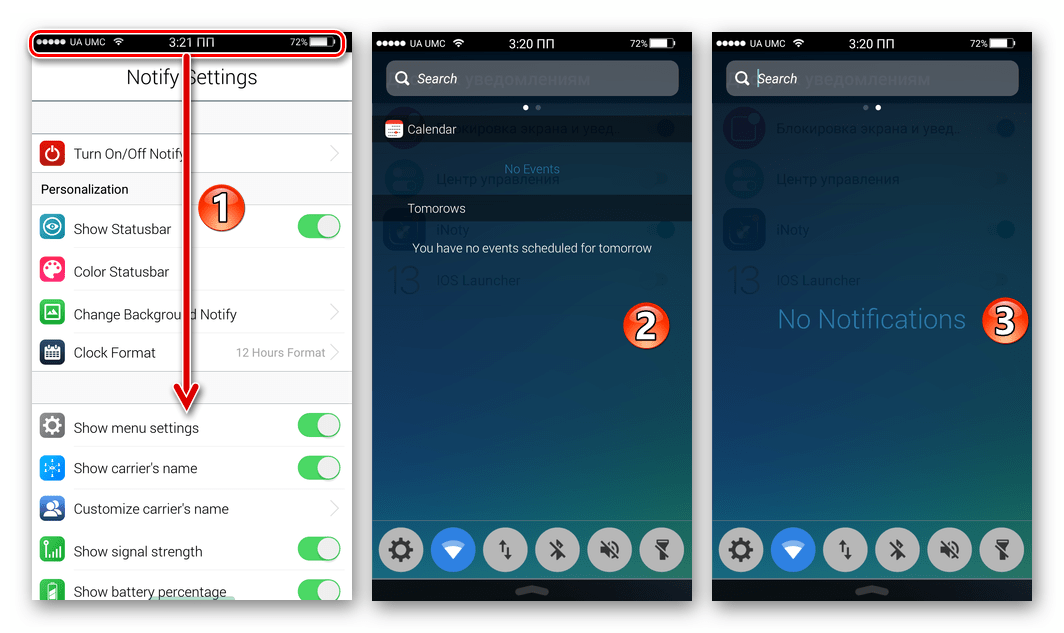 iNoty OS 11 для Android внешний вид строки состояния и шторки уведомлений после активации приложения