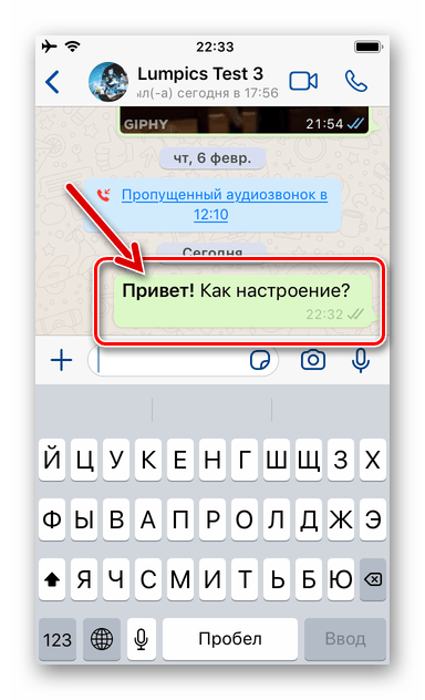 WhatsApp для iOS сообщение с выделенным жирным словом отправлено через мессенджер