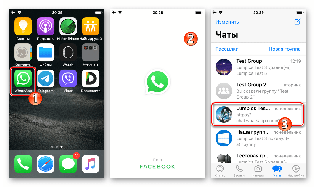 WhatsApp для iOS - запуск мессенджера, переход в чат, куда нужно отправить данные о своем местоположении