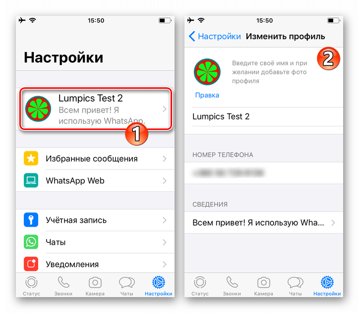 WhatsApp для iOS - переход к данным своего профиля из Настроек мессенджера