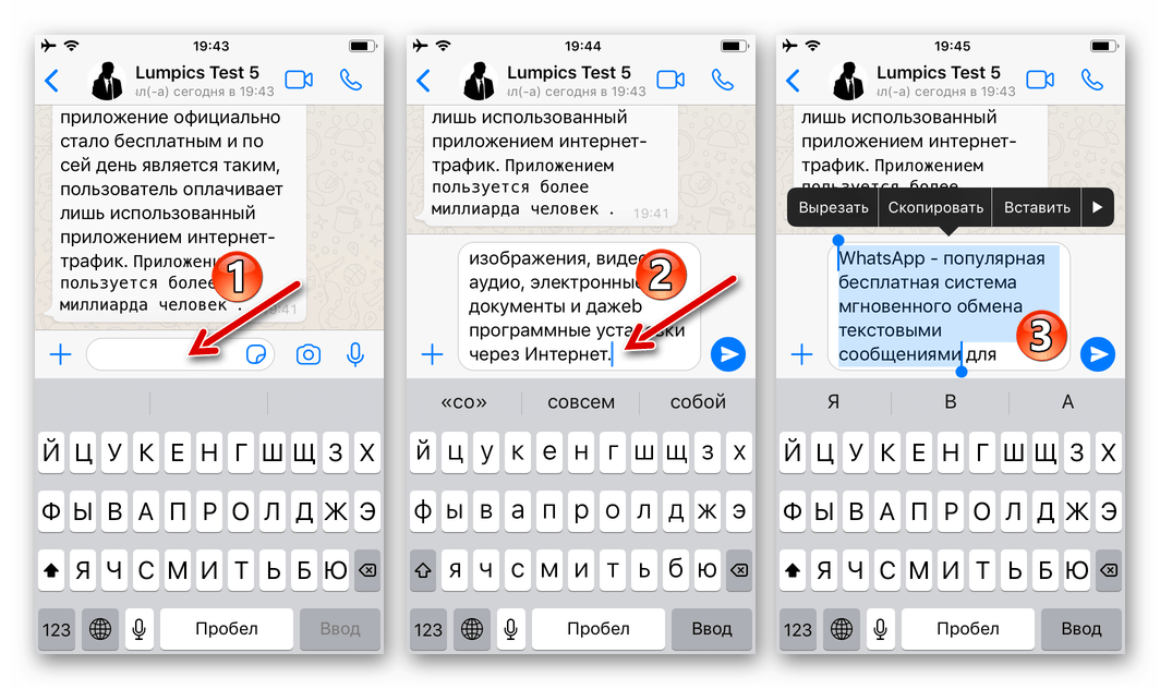 WhatsApp выделение фрагмента текста сообщения для форматирования