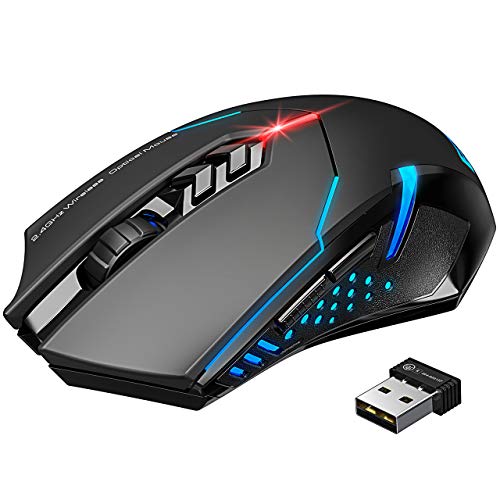 VicTsing Wireless Gaming Mouse with Unique Silent Click, Breathing Backlit, 2 Programmable Side Buttons, 2400 DPI, Ergonomic Grips, 7-Button Design - Black