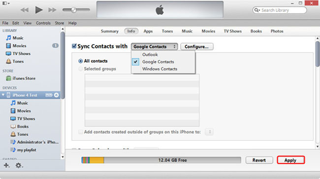 sync iphone contacts with itunes