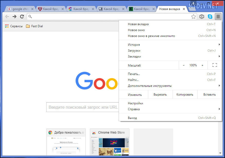 Главное окно браузера Google Chrome