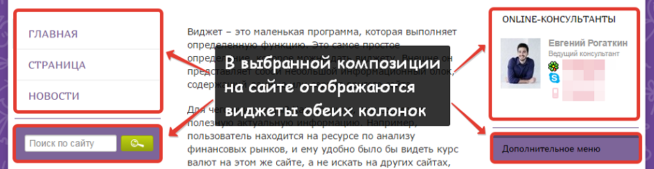 В выбранной композиции на сайте отображаются виджеты из обеих колонок