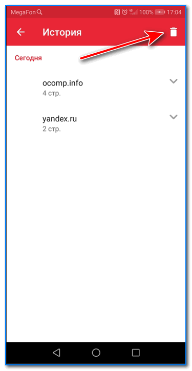Для удаления истории - нажмите на значок корзины