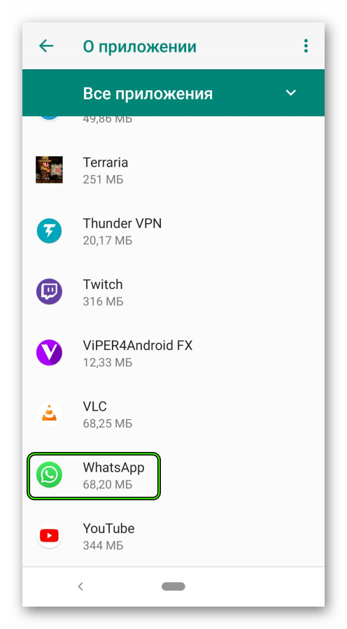 Пункт WhatsApp в списке приложений в настройках Android