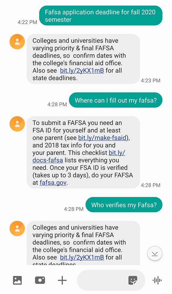 screenshot of conversation with Benji asking about FAFSA verification