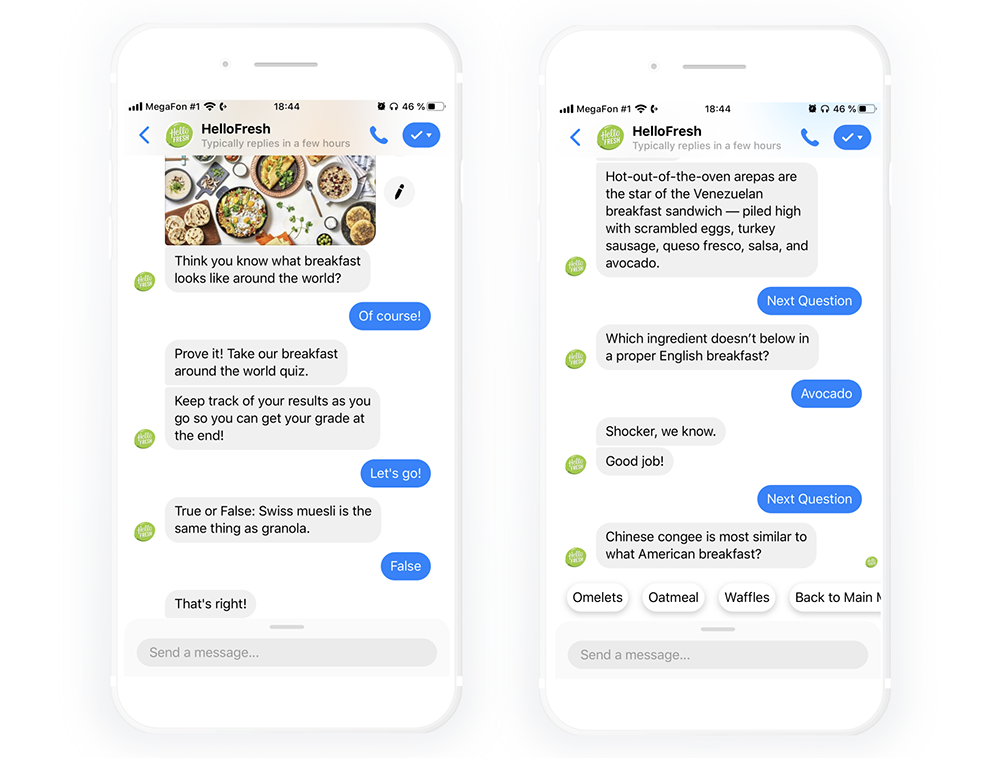 image of Hello Fresh chatbot asking quiz questions about food
