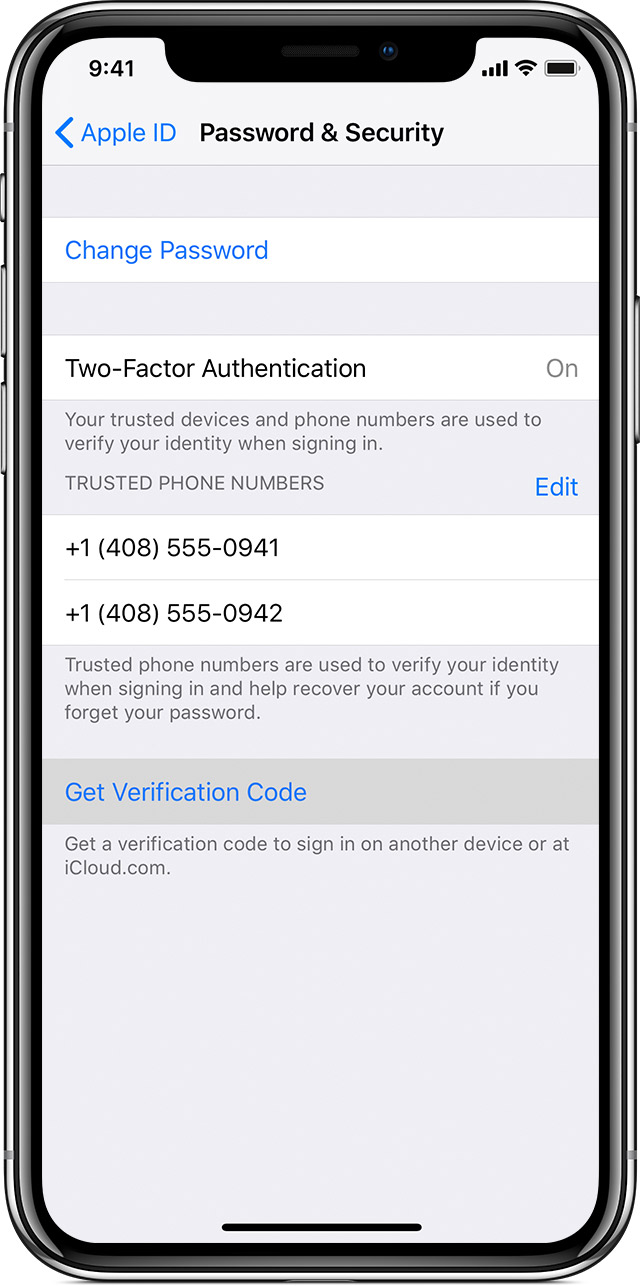 iPhone showing Password & Security screen, with two-factor authentication turned on