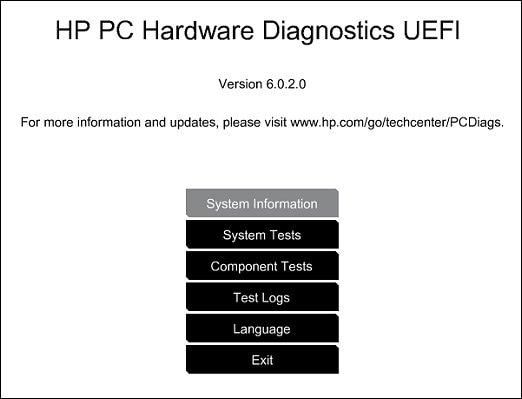 HP PC Hardware Diagnostic UEFI screen
