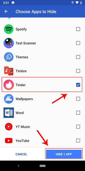 select tinder app to hide on apex launcher app hide menu